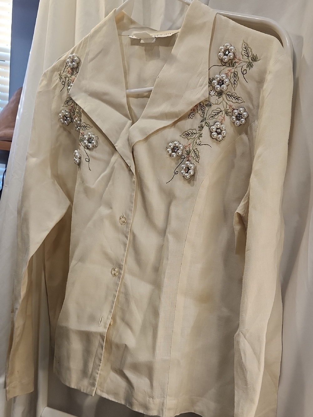 Cream Embellished Button-Up Blouse with Pearl Floral Appliqués